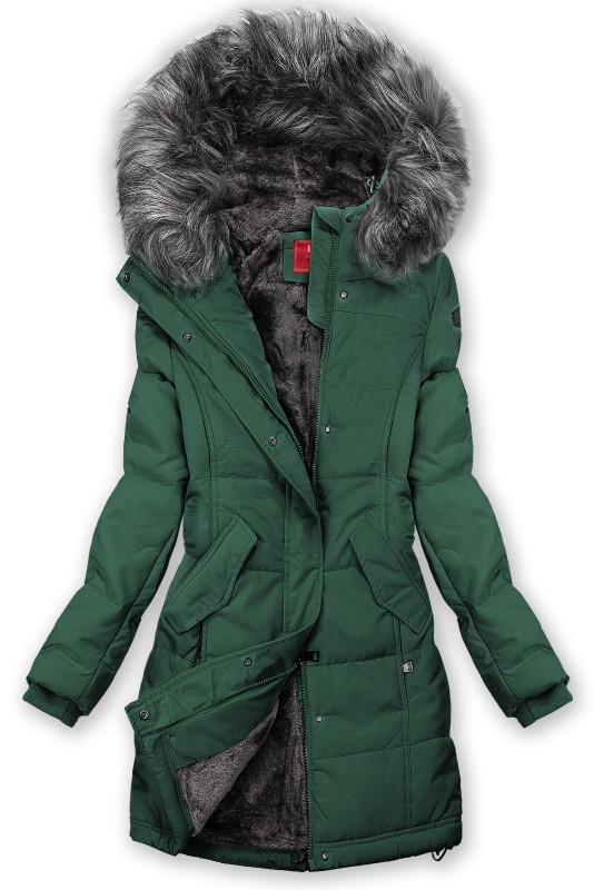 Geacă de iarnă verde închis cu pluș gri