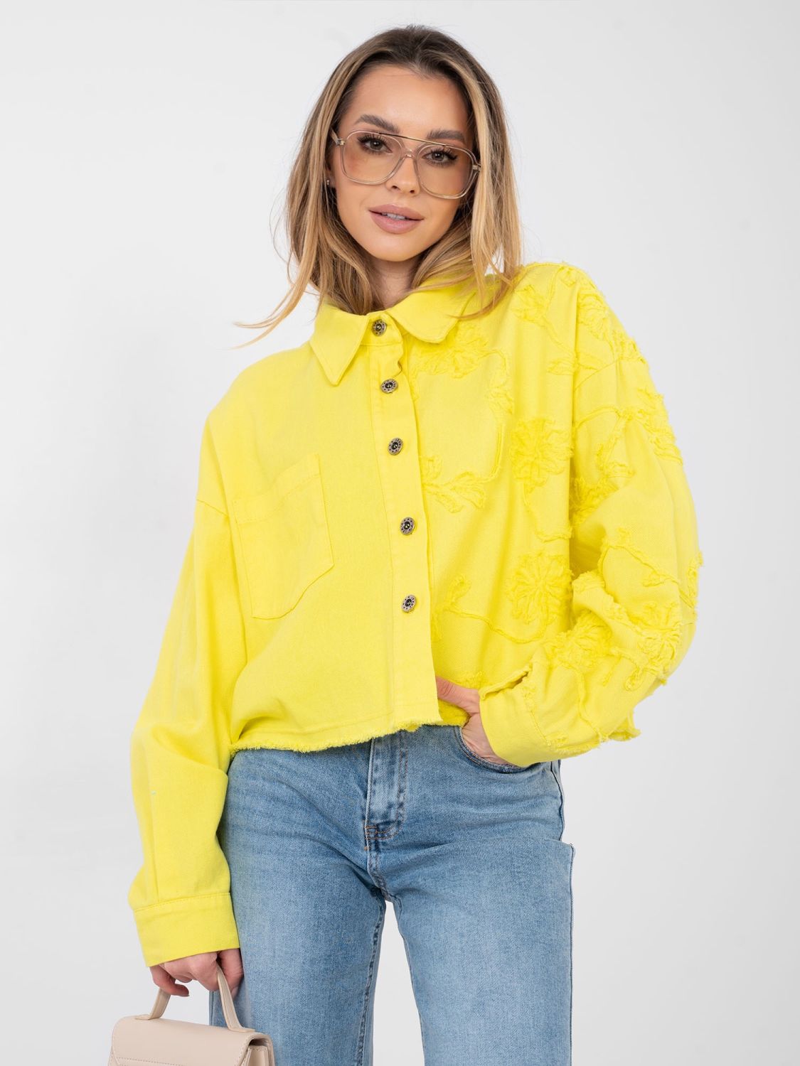 Geacă scurtă din denim galben cu aplicație florală