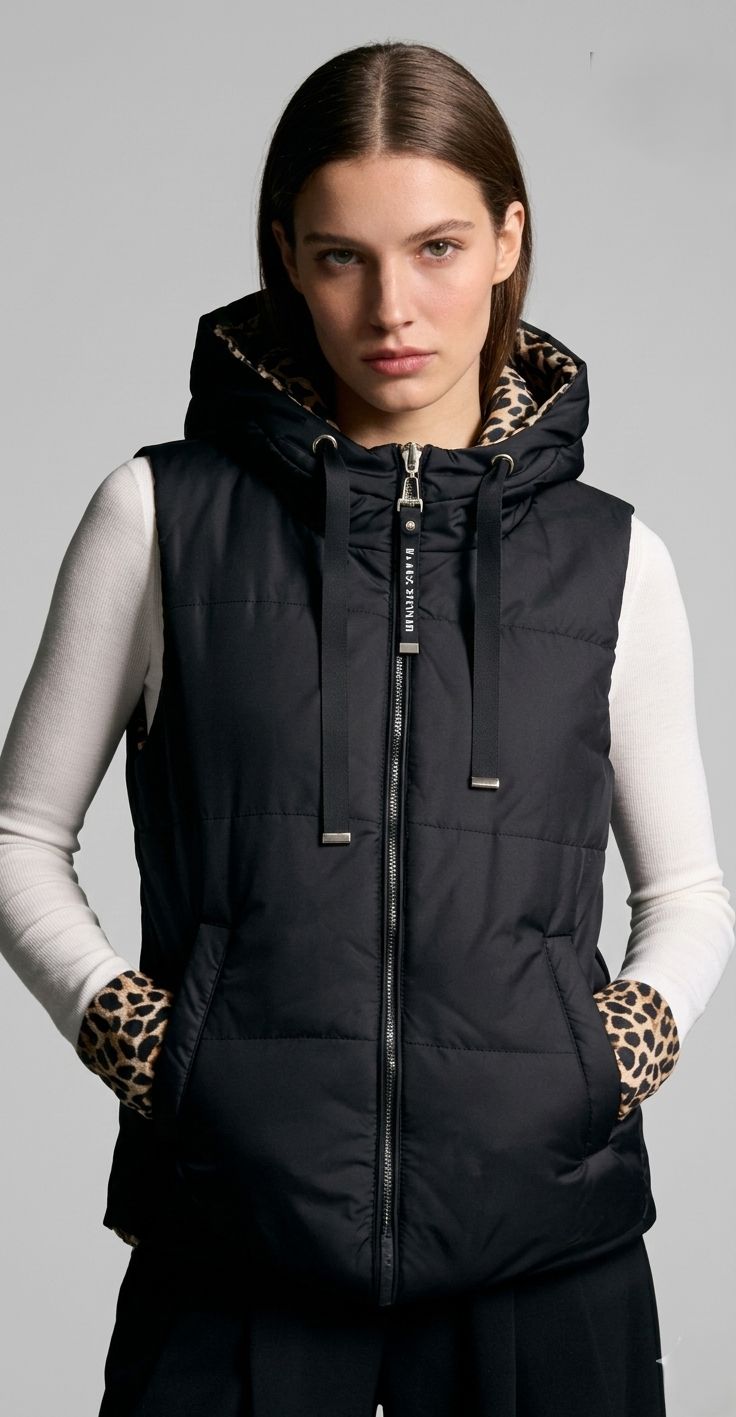 Vestă reversibilă cu imprimeu leopard, neagră