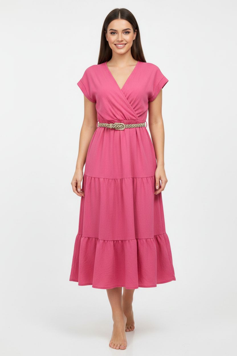 Rochie midi de vară roz cu curea