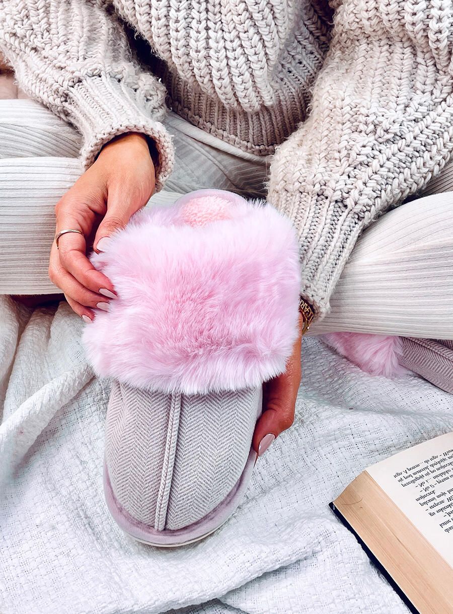 Papuci cu model de herringbone roz deschis