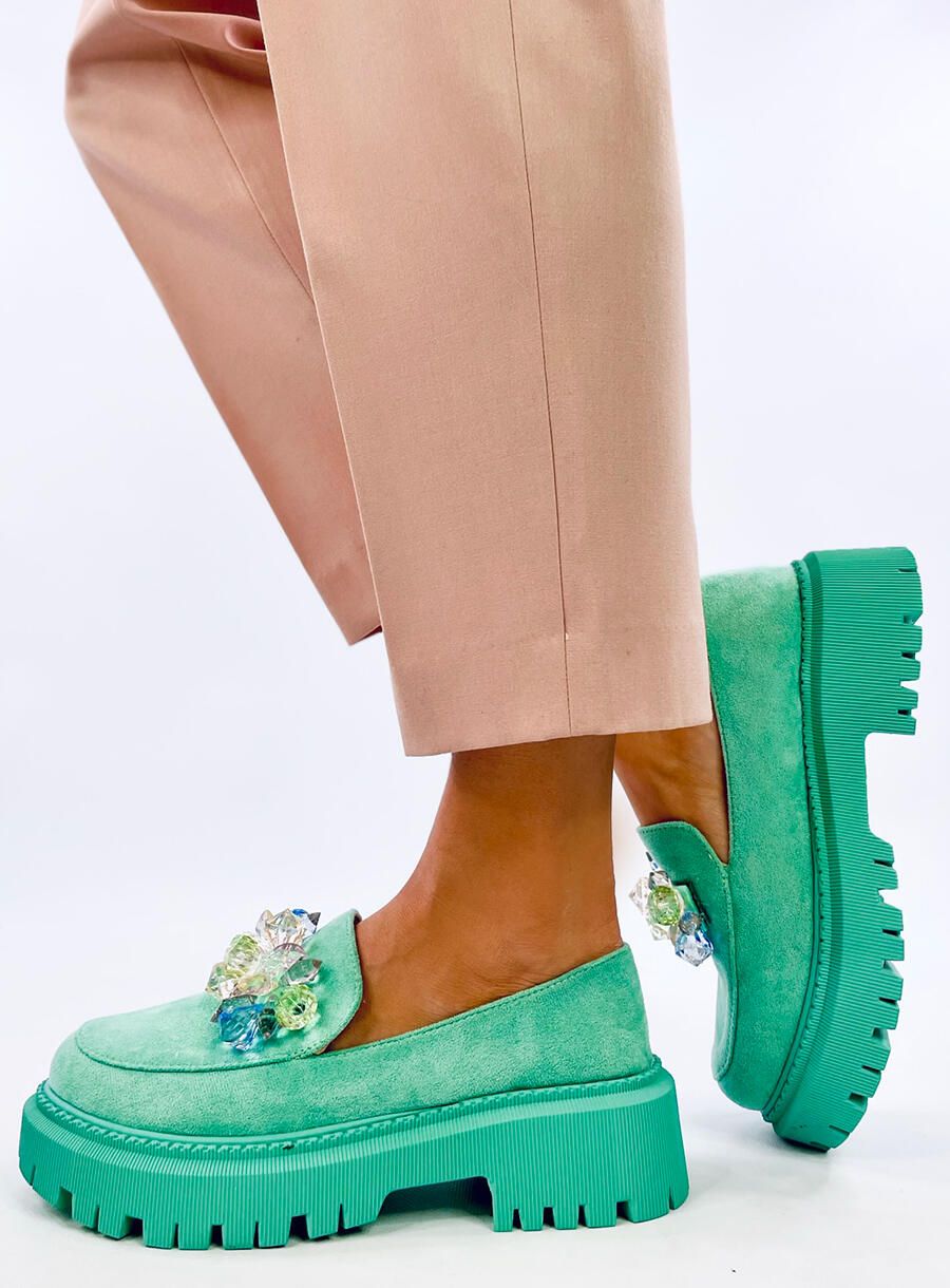 Mocasini verzi cu cristale decorative