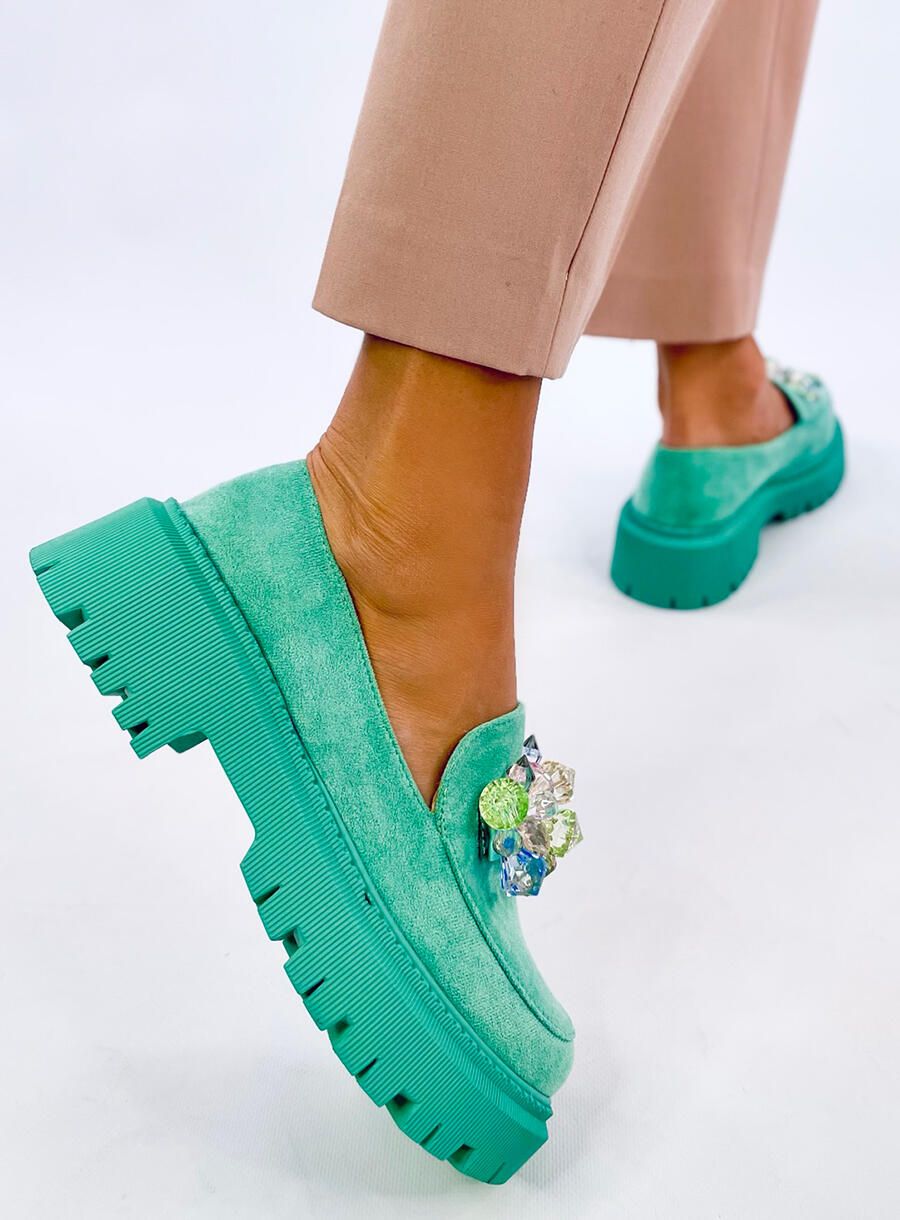 Mocasini verzi cu cristale decorative