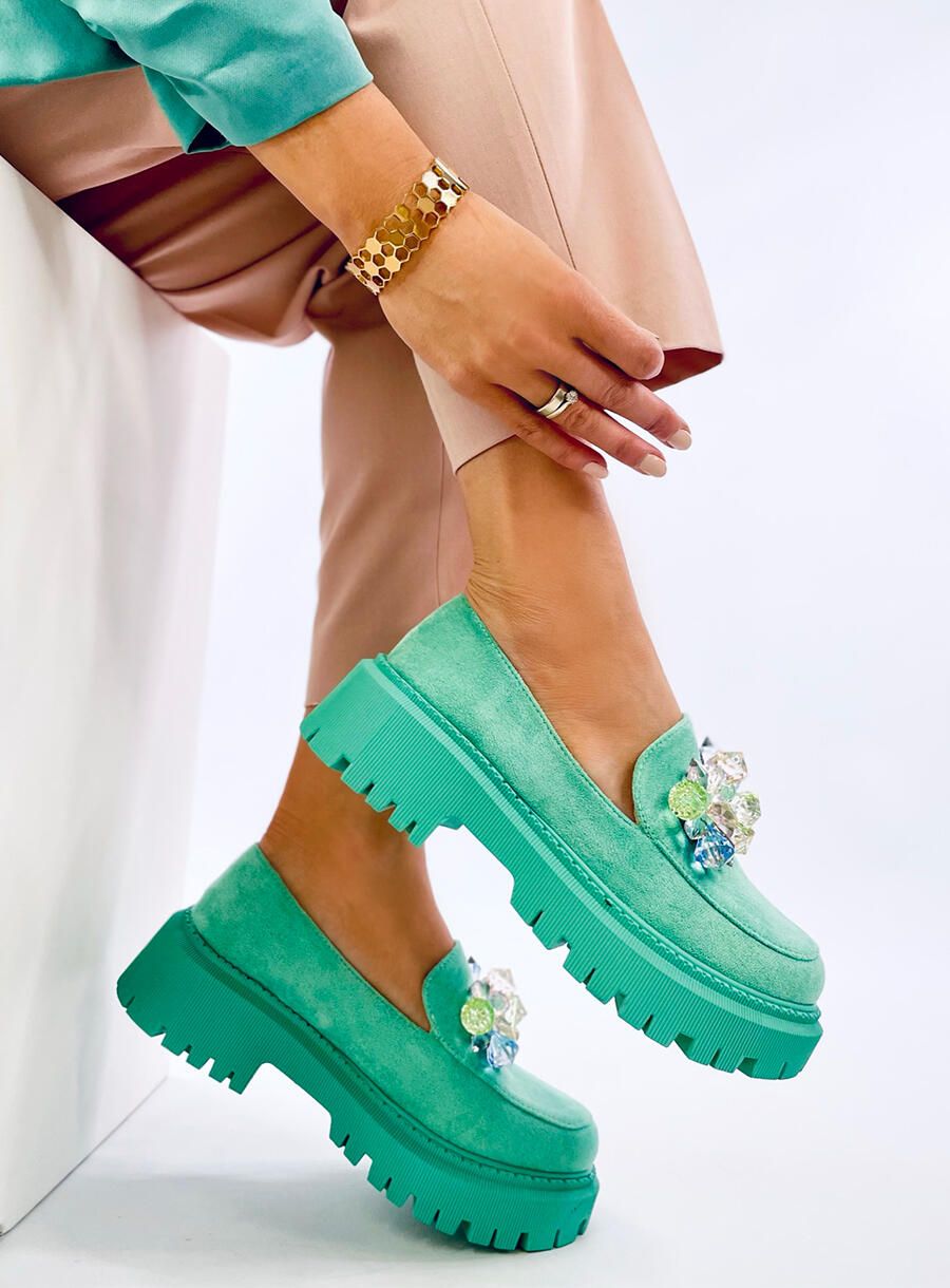 Mocasini verzi cu cristale decorative