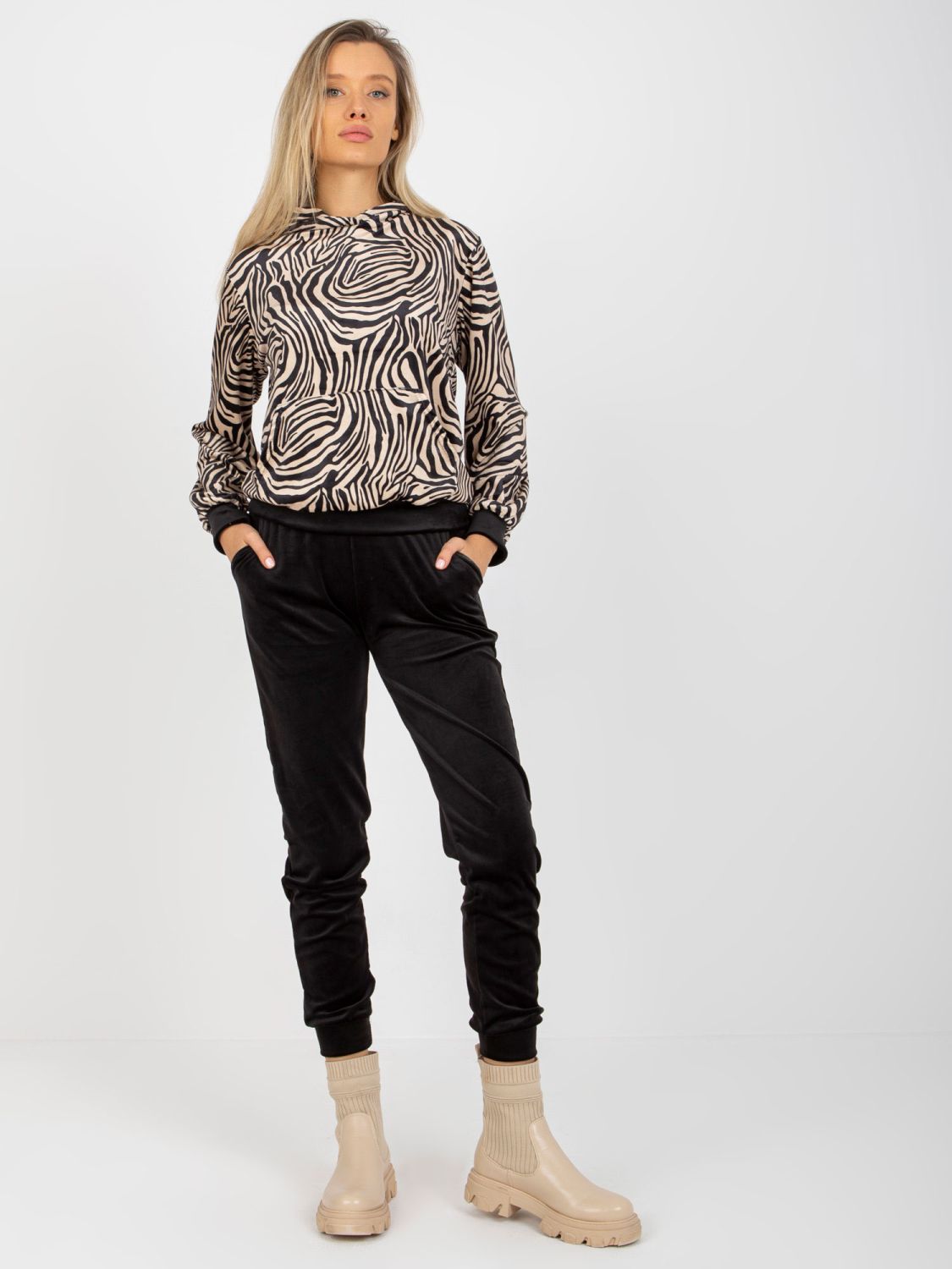 Compleu velur bej-negru cu hanorac cu model de leopard RUE PARIS