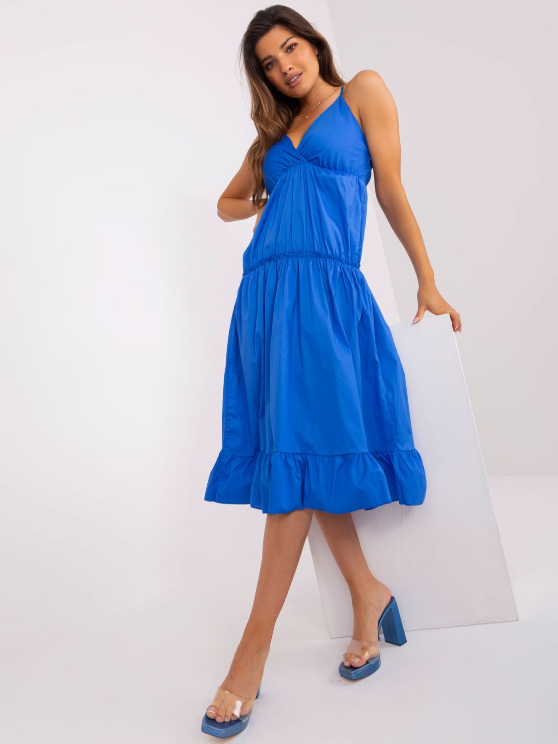 Rochie midi albastră închisă cu volan OCH BELLA
