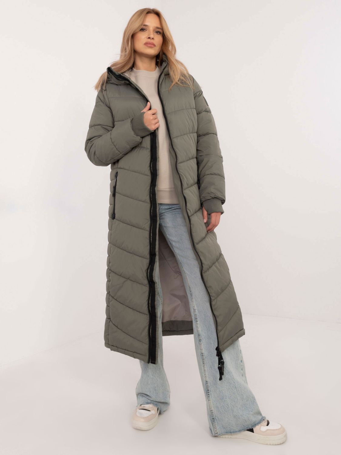Palton damă khaki cu mâneci lungi