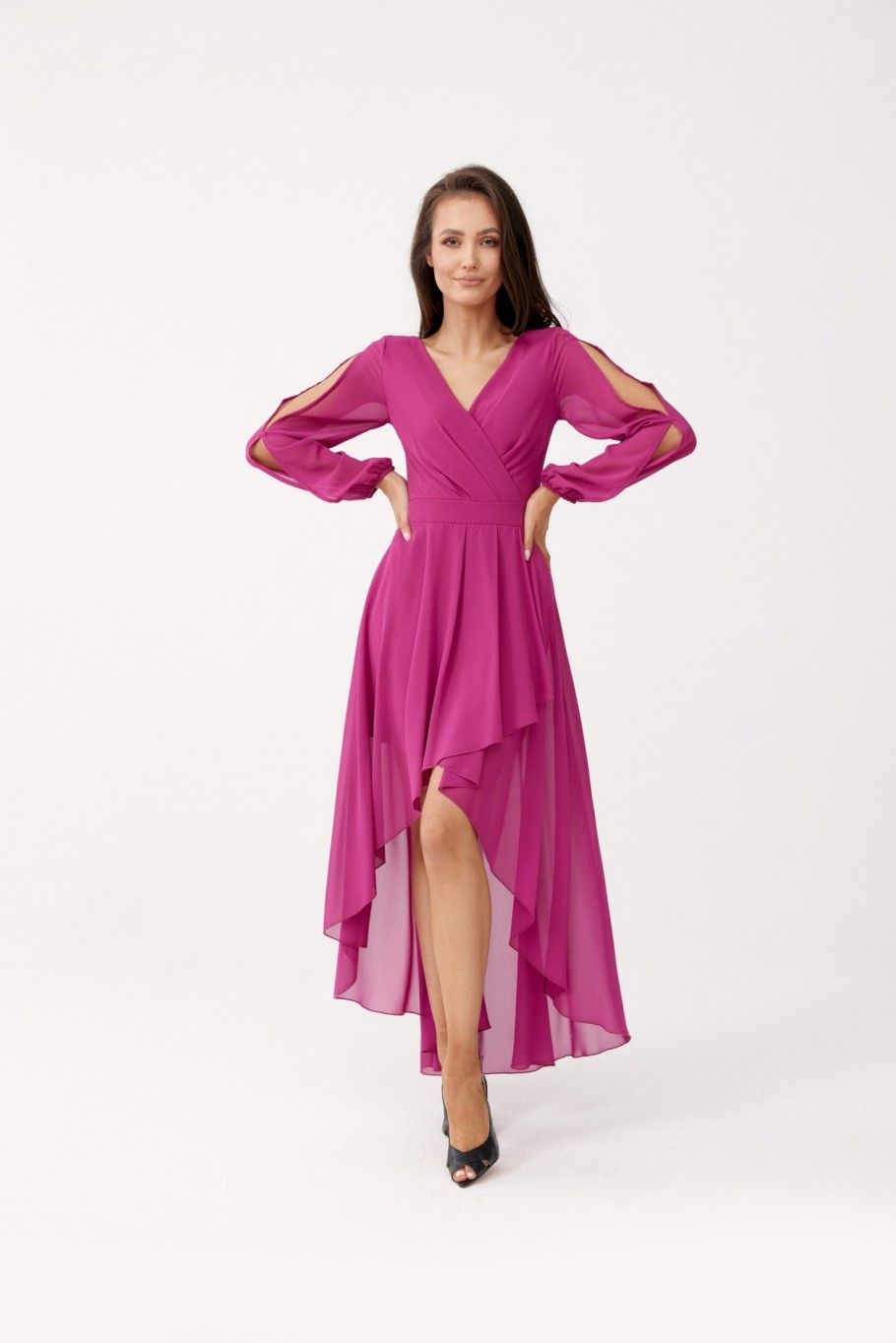Rochie maxi asimetrică cu mâneci lungi, în nuanță violet episcopal