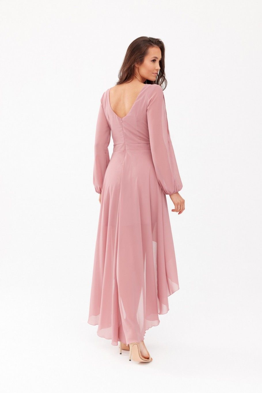 Rochie maxi asimetrică cu mâneci lungi în roz închis
