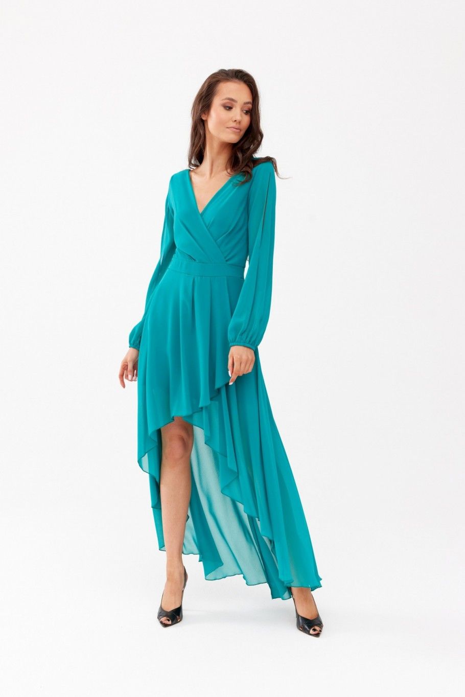 Rochie maxi asimetrică cu mâneci lungi, verde deschis