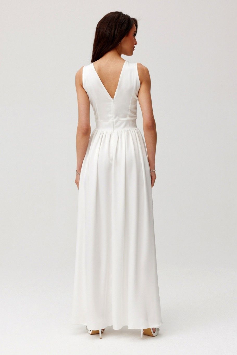 Rochie maxi din satin cu trandafir decorativ, culoare ecru