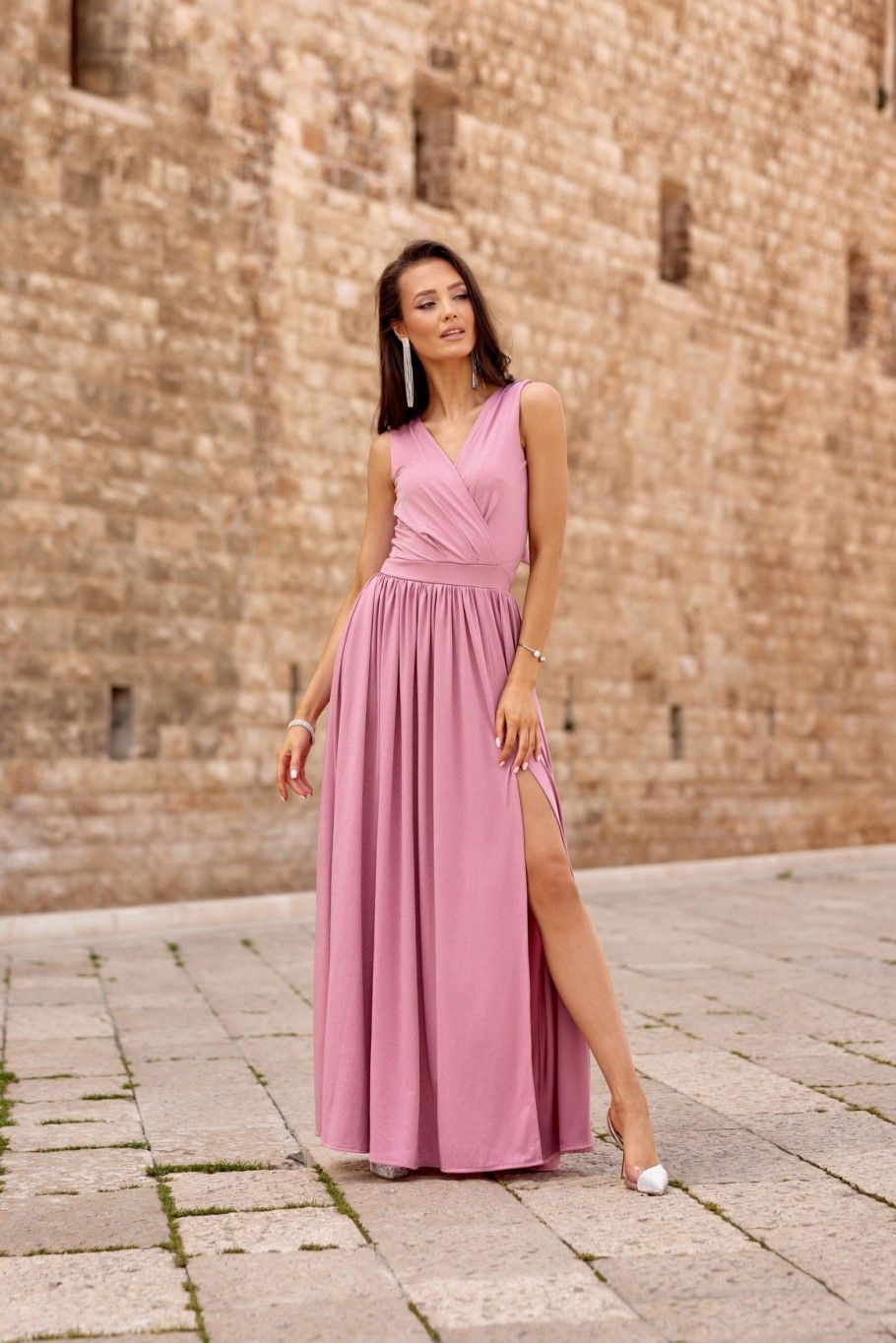 Rochie maxi brocart cu legare la spate, roz