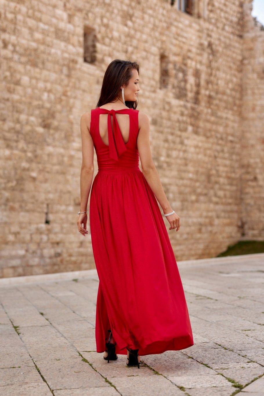 Rochie maxi brocart cu legare la spate, roșie