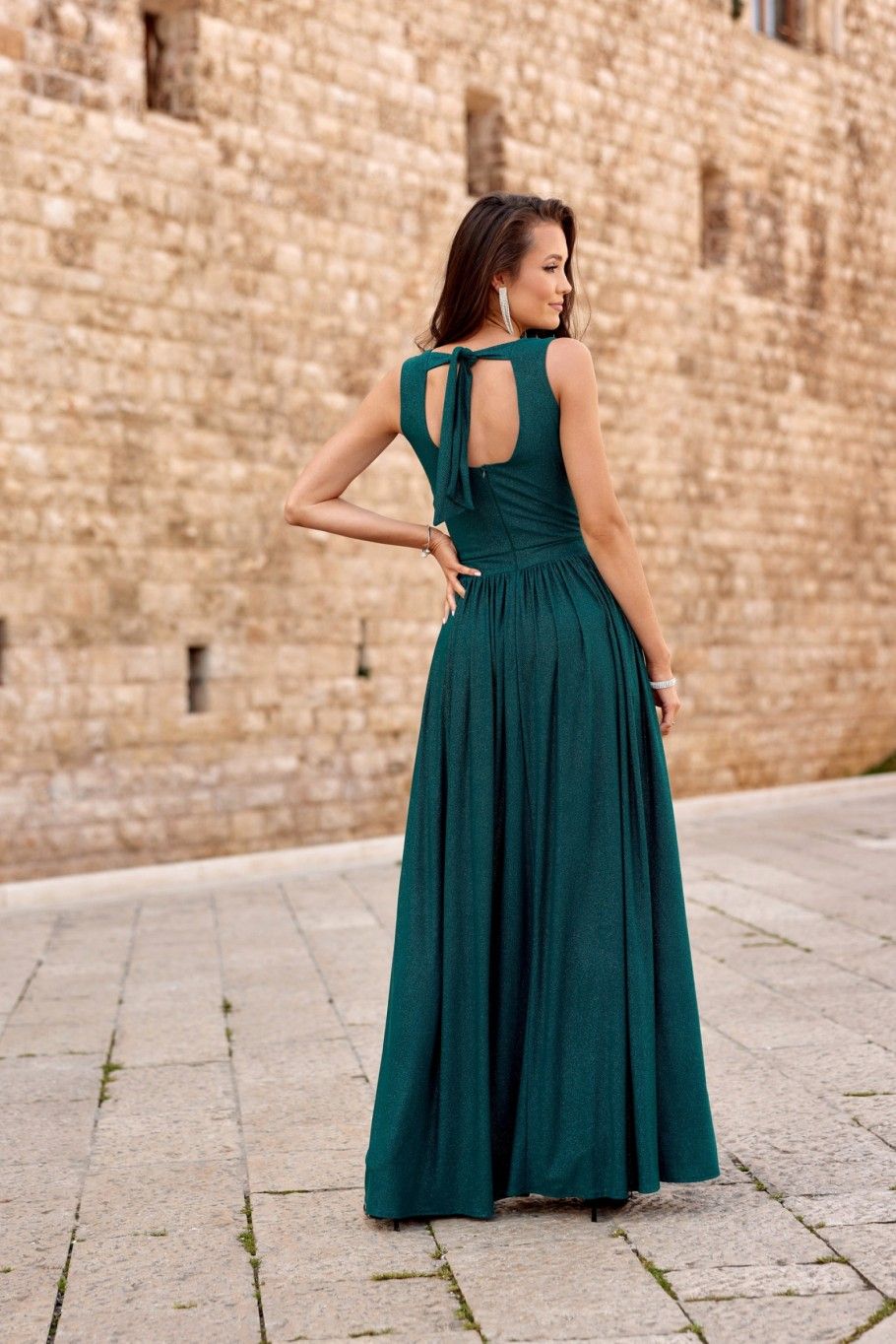 Rochie maxi brocart cu legare la spate, verde