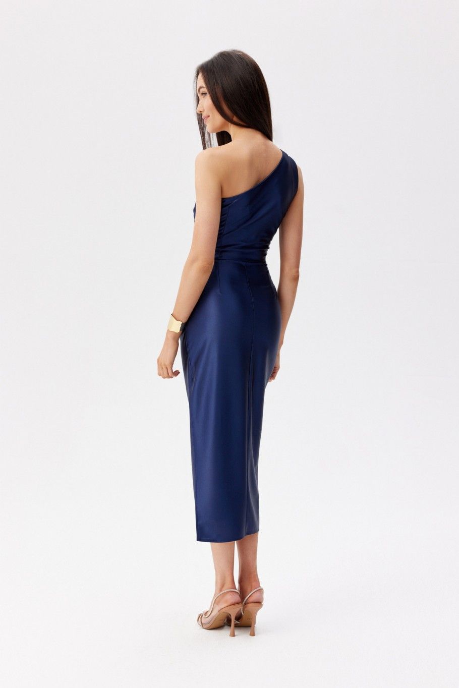 Rochie midi asimetrică bleumarin pe un umăr