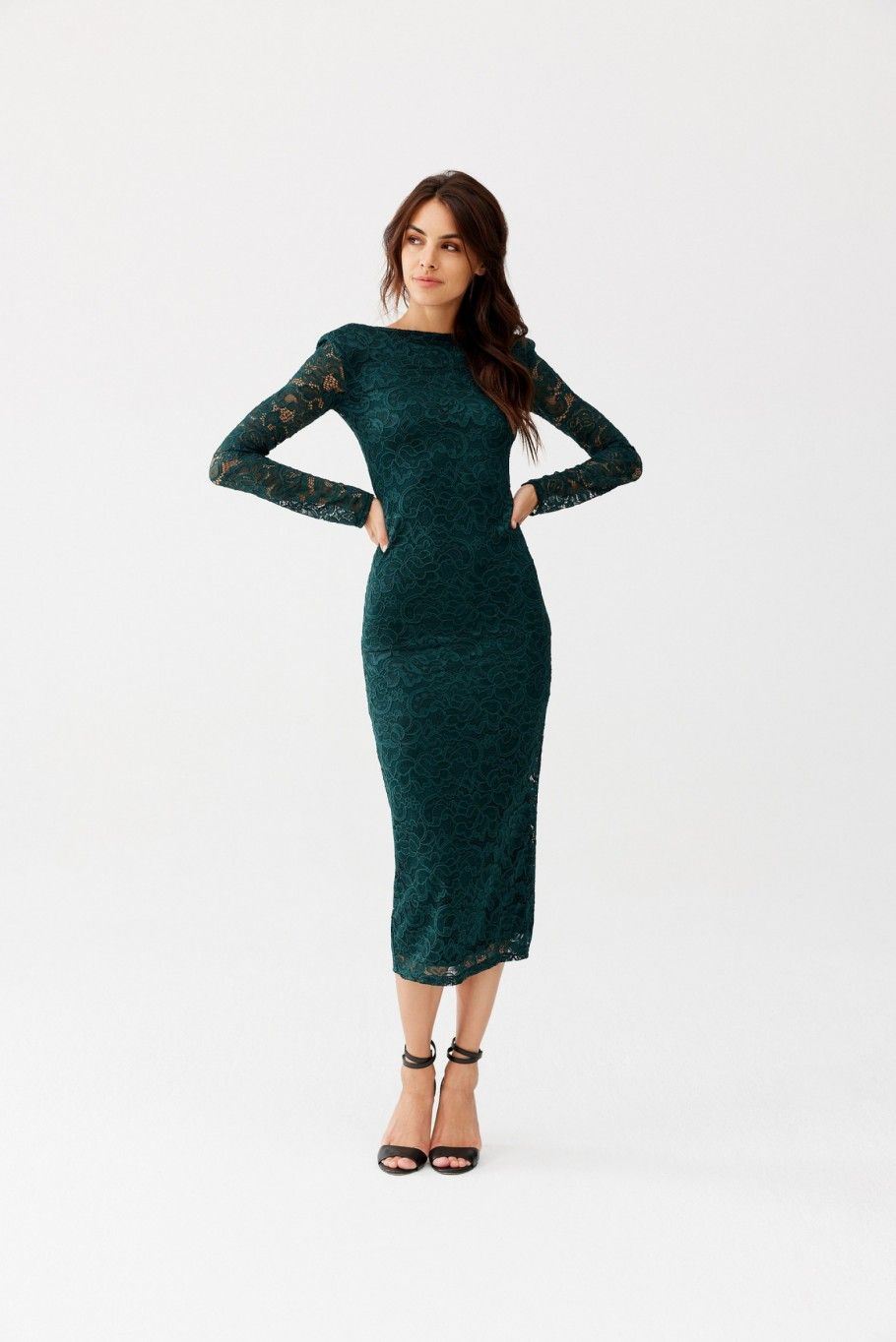 Rochie din dantelă verde, lungime 7/8