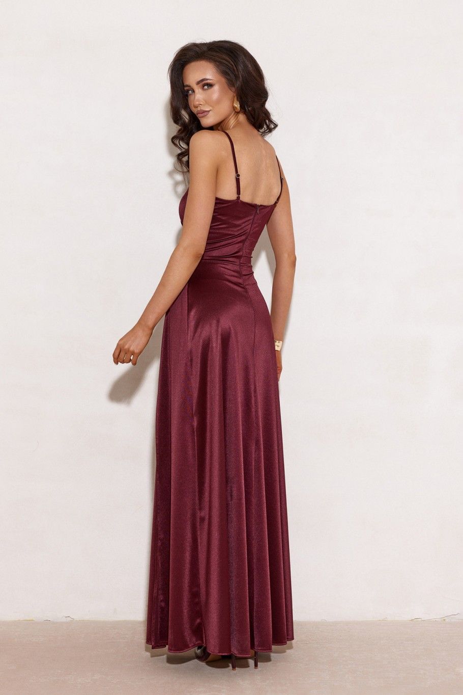 Rochie maxi din satin cu bretele, culoare bordo