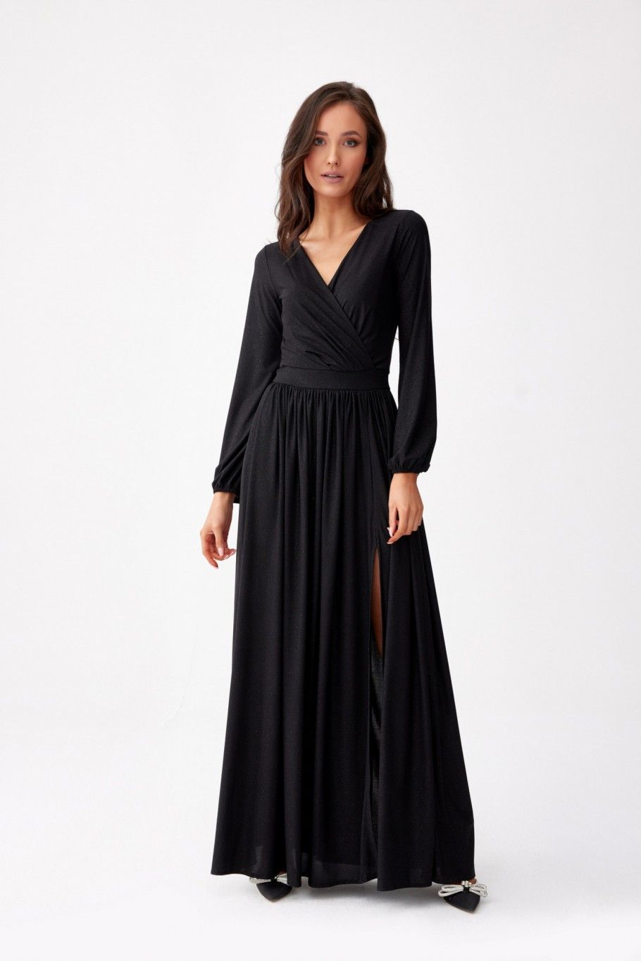 Rochie maxi neagră brocart cu mâneci lungi