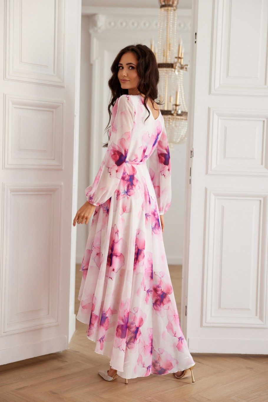 Fiorella – rochie midi din șifon cu legare în talie