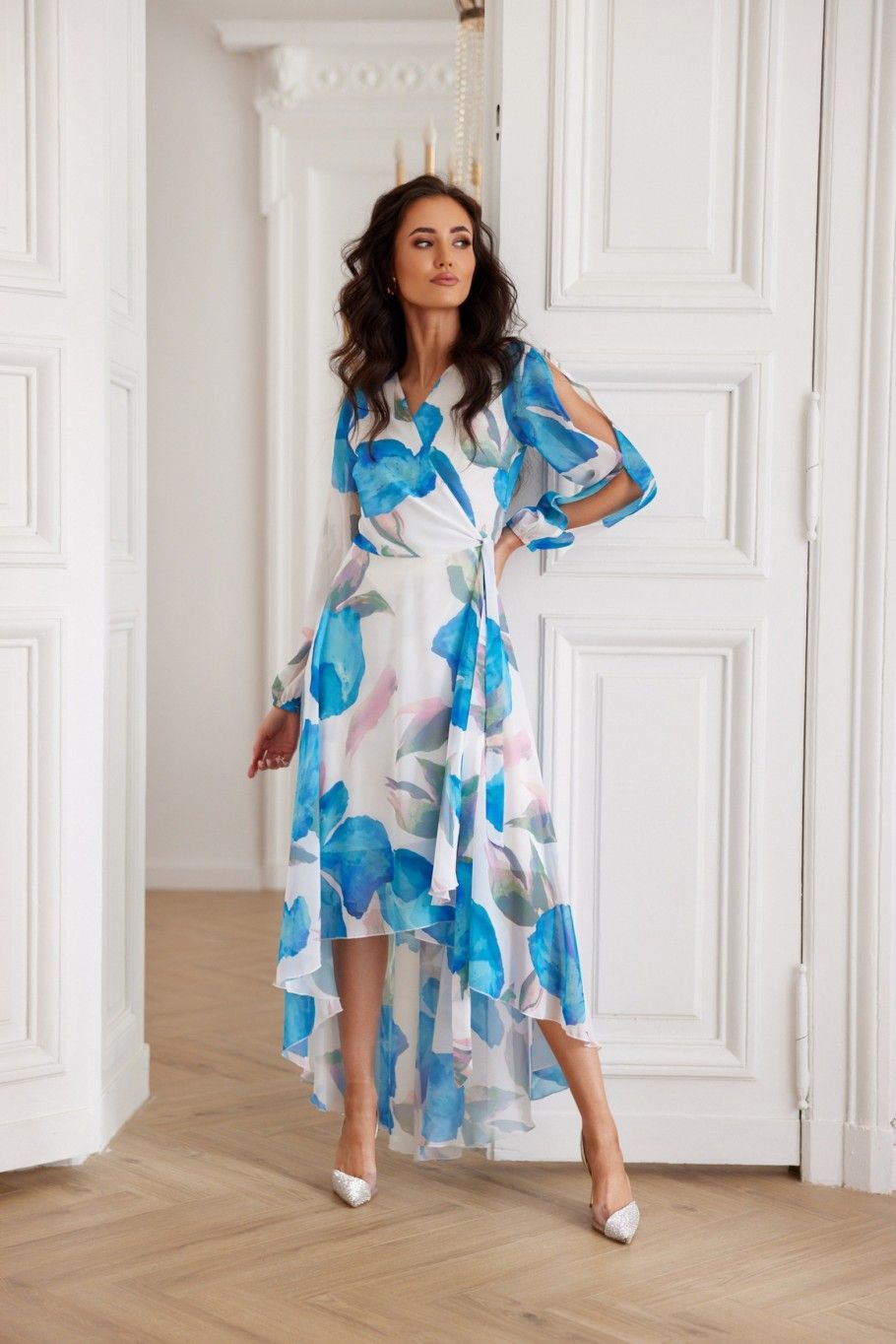 Fiorella – rochie midi din șifon cu legare în talie
