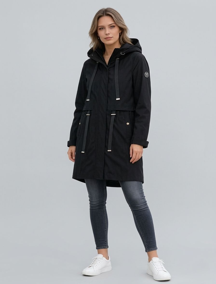 Parka neagră de primăvară cu glugă mare