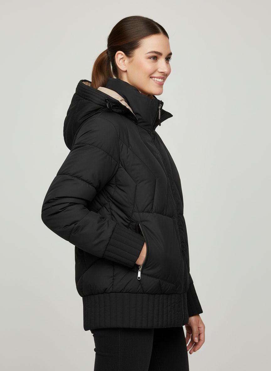 Geacă de damă reversibilă cu glugă neagră/bej