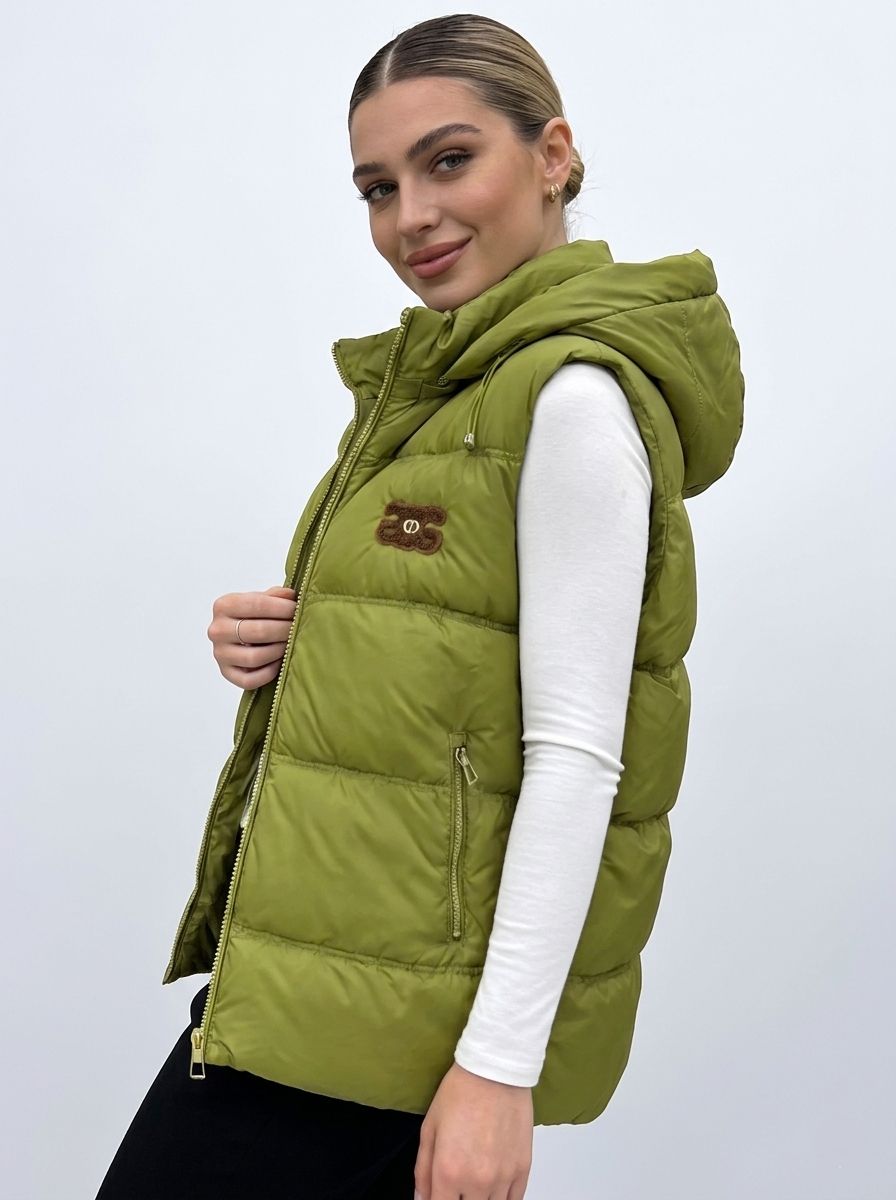 Vestă matlasată pentru damă cu glugă detașabilă verde