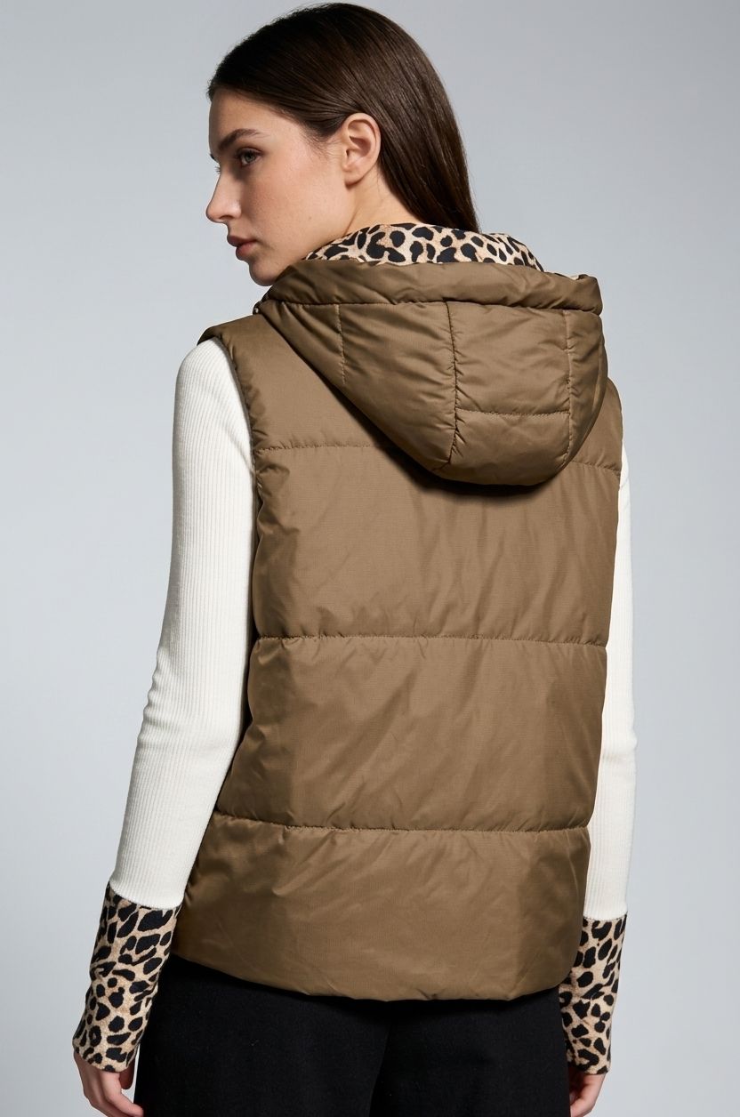 Vestă reversibilă cu imprimeu leopard, maro