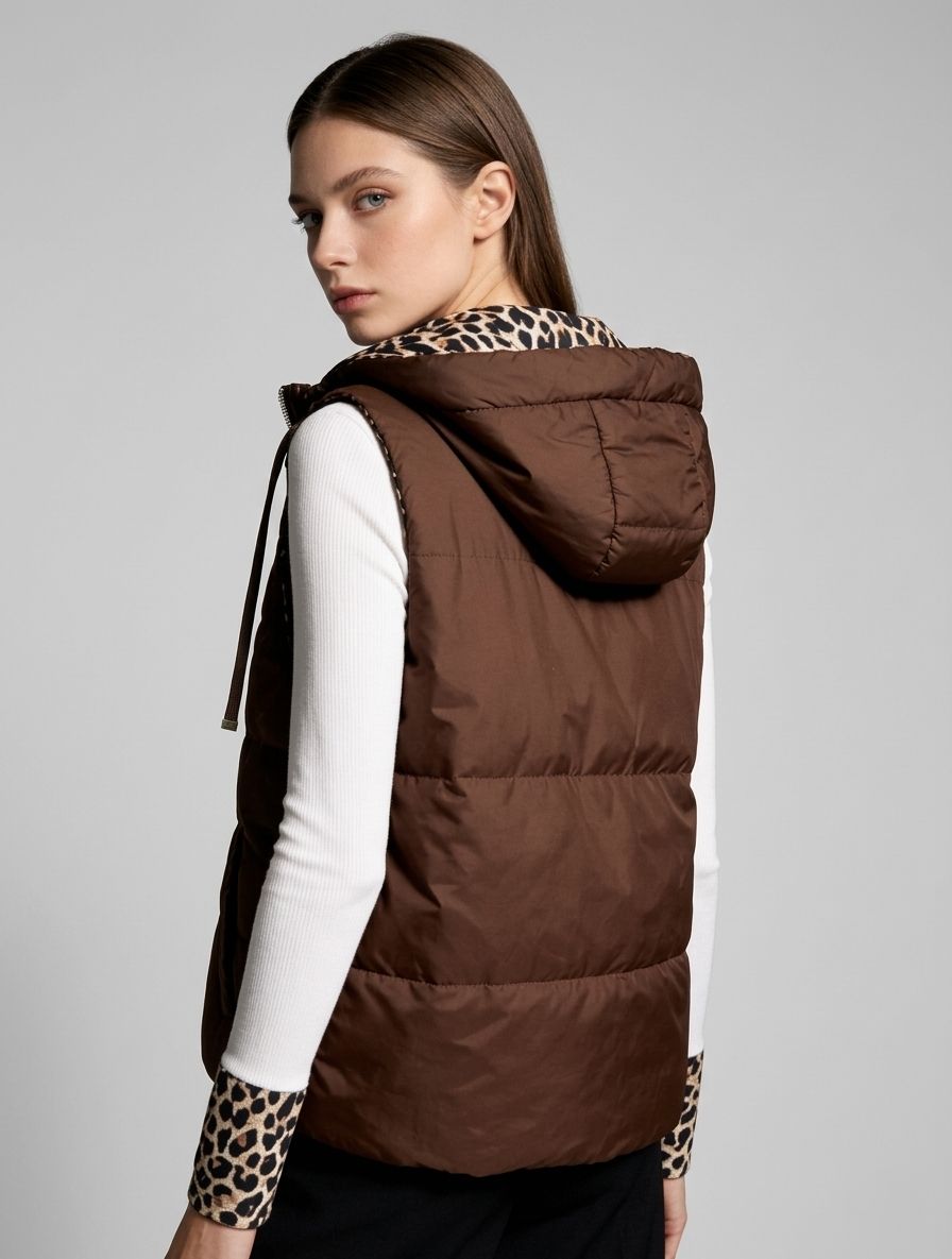 Vestă reversibilă cu imprimeu leopard, maro ciocolatiu