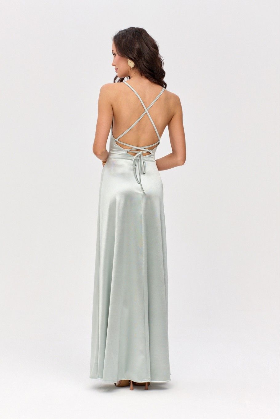 Rochie maxi satinată cu legare la spate, culoare mentă