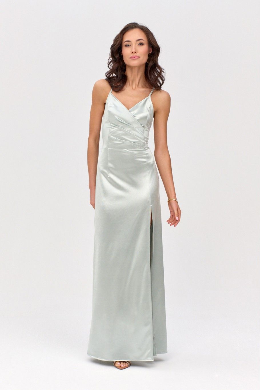 Rochie maxi satinată cu legare la spate, culoare mentă
