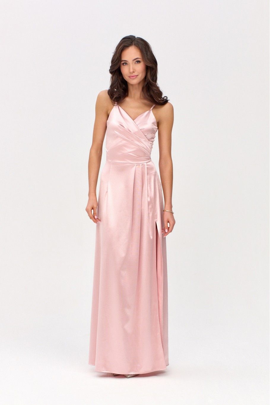 Rochie maxi din satin cu bretele, roz
