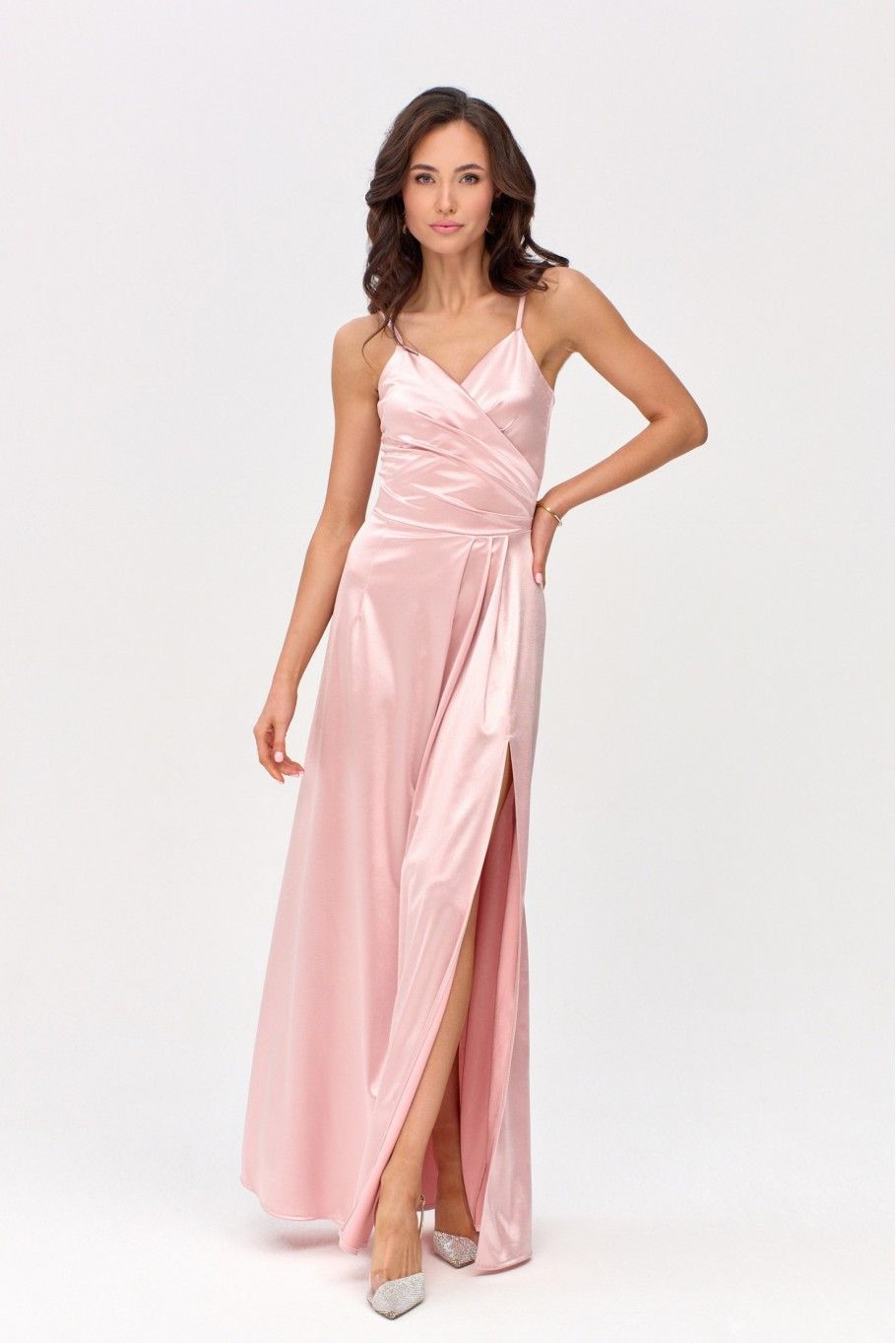 Rochie maxi din satin cu bretele, roz