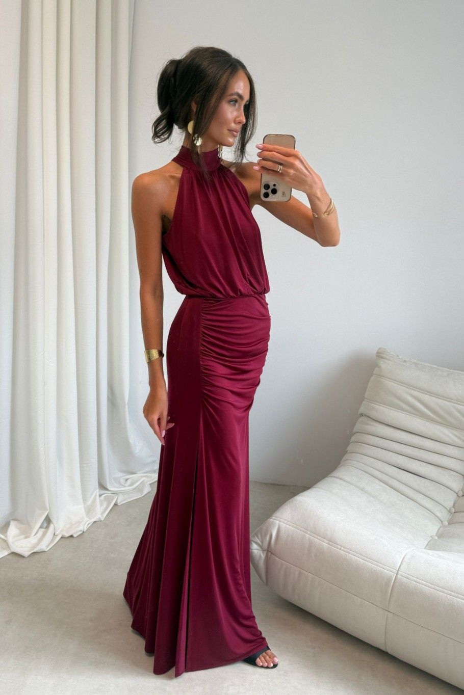 Rochie maxi lungă bordo cu despicătură
