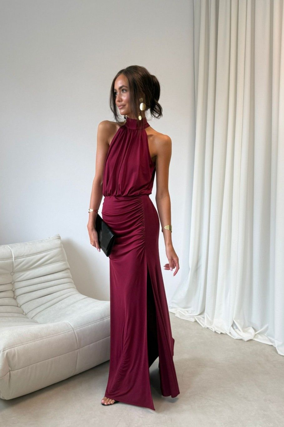 Rochie maxi lungă bordo cu despicătură