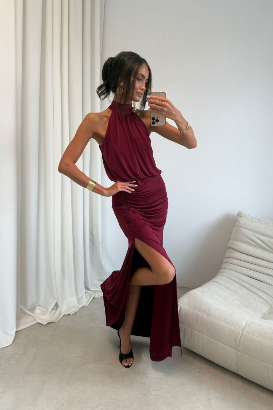 Rochie maxi lungă bordo cu despicătură