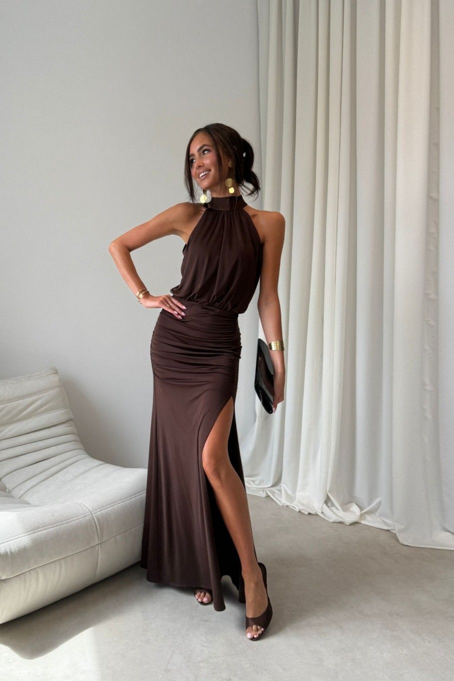 Rochie maxi în culoare maro