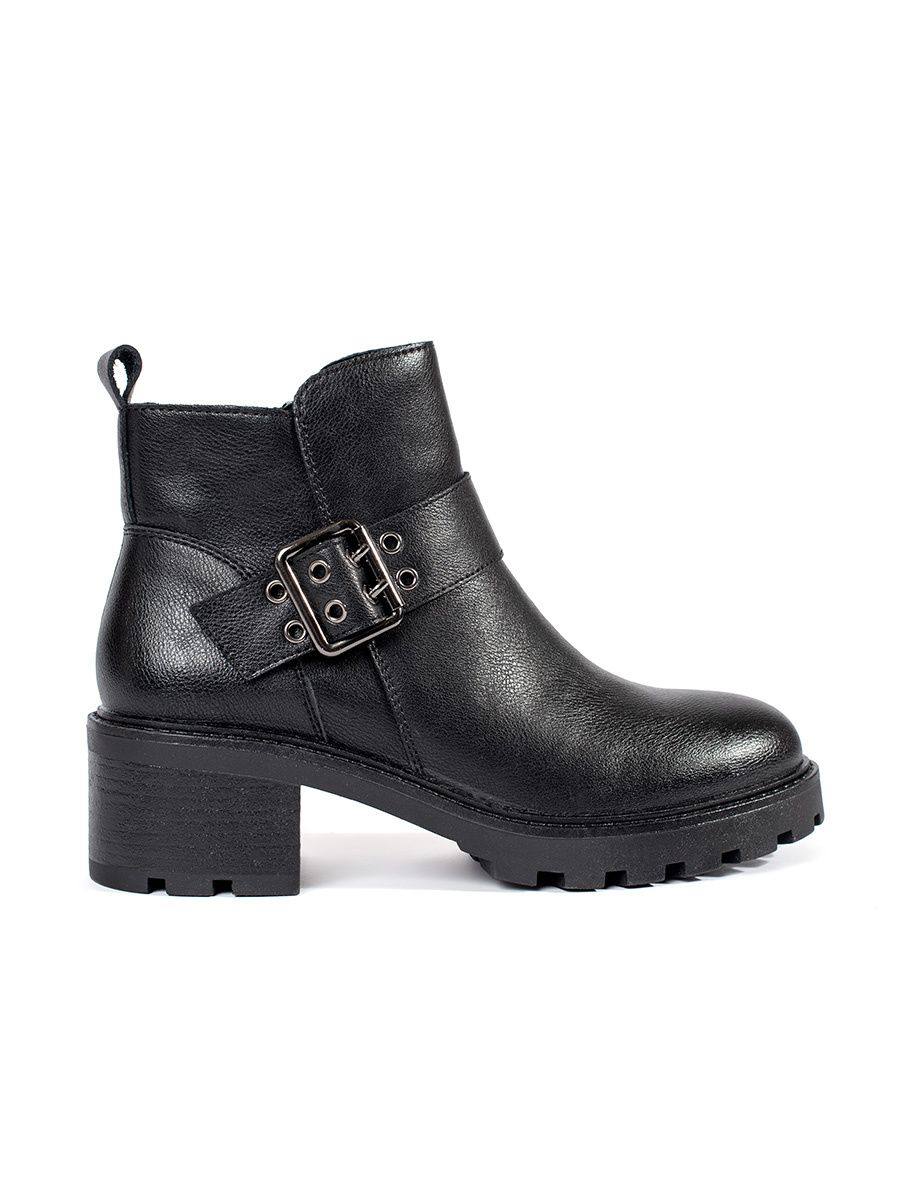 Botine negre din piele cu toc și cataramă decorativă