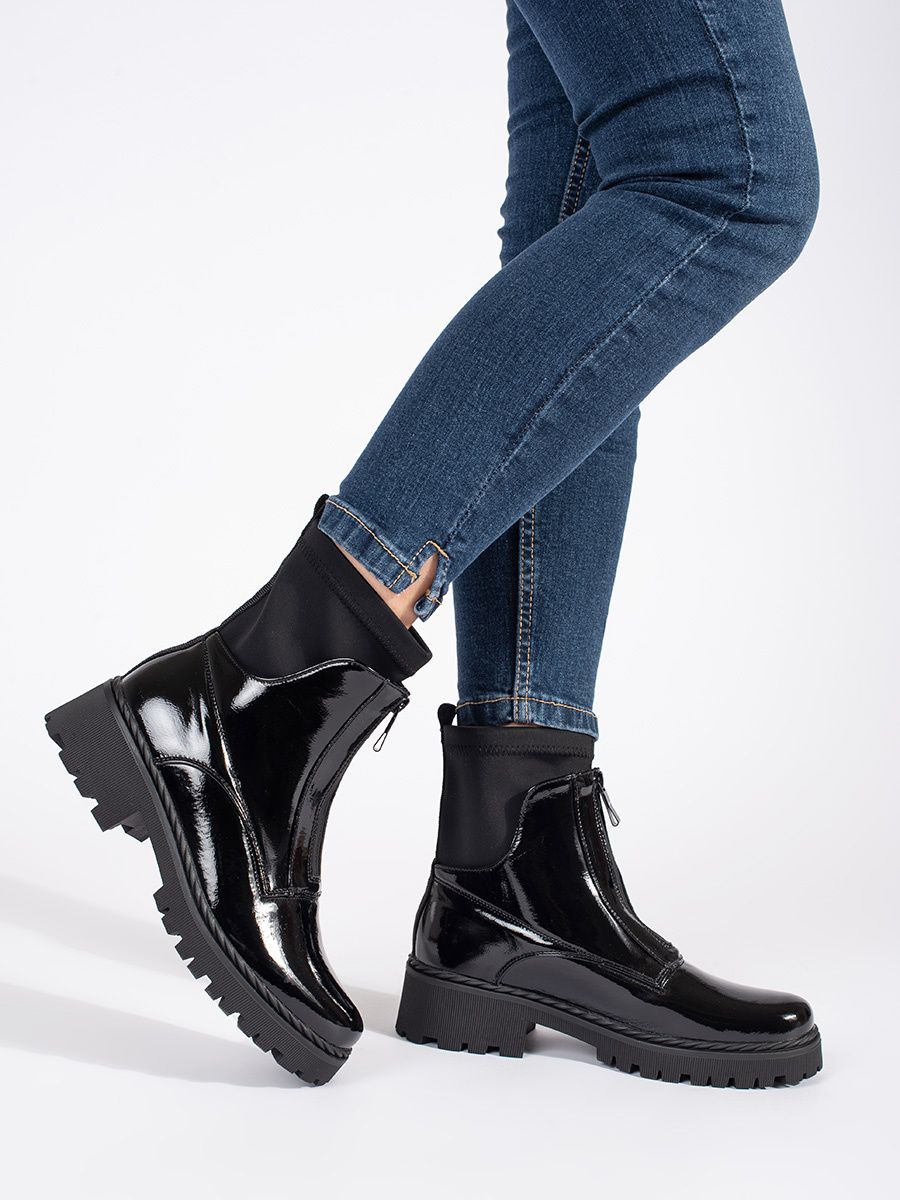 Botine negre lăcuite cu fermoar