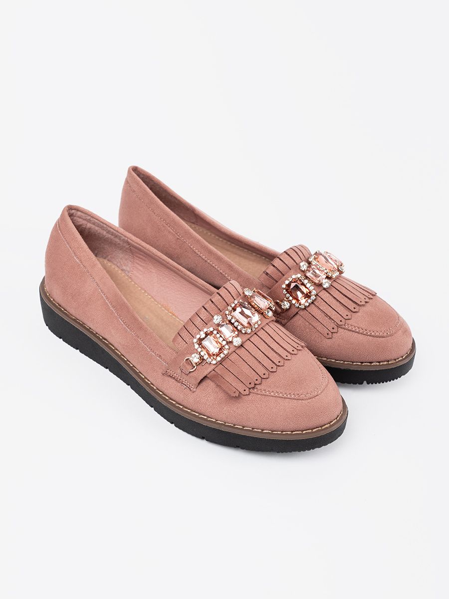 Mocasini roz din suede cu cristale decorative