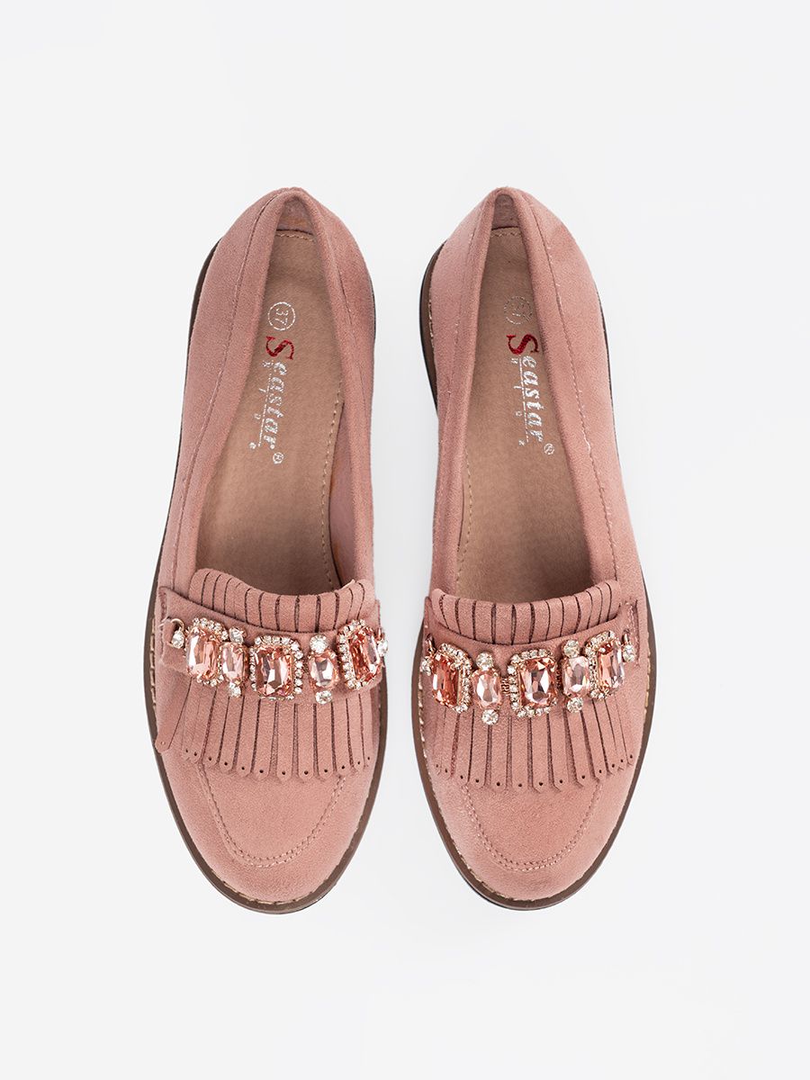 Mocasini roz din suede cu cristale decorative