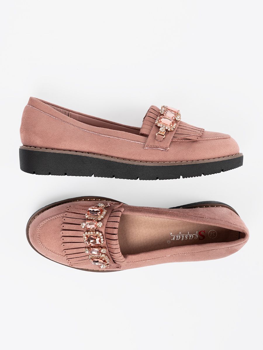 Mocasini roz din suede cu cristale decorative