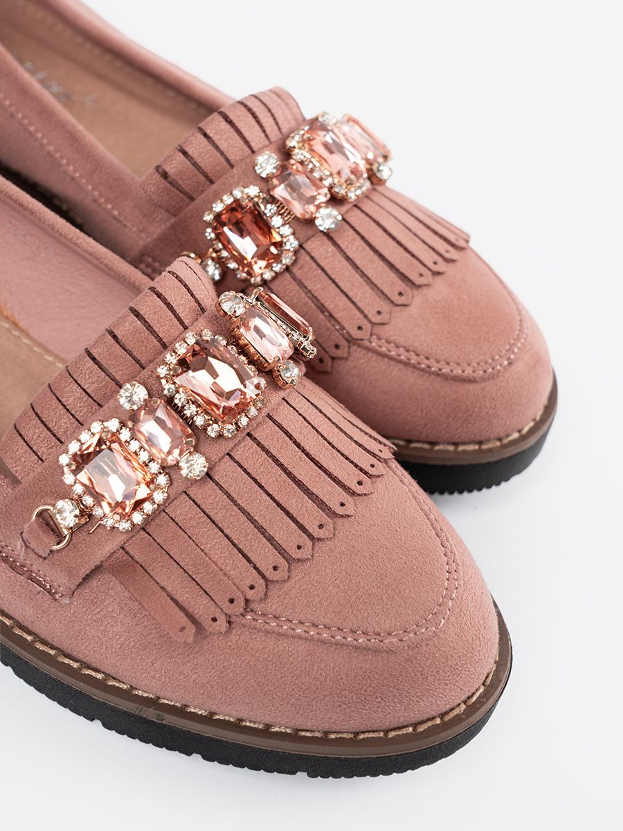 Mocasini roz din suede cu cristale decorative
