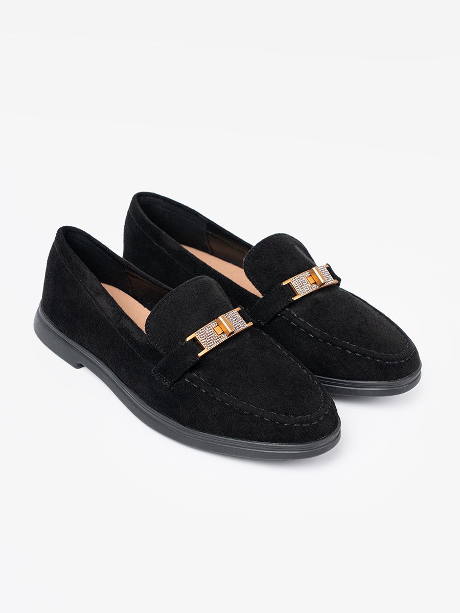 Mocasini negri din suede cu decor elegant auriu