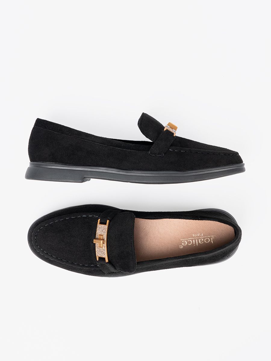 Mocasini negri din suede cu decor elegant auriu