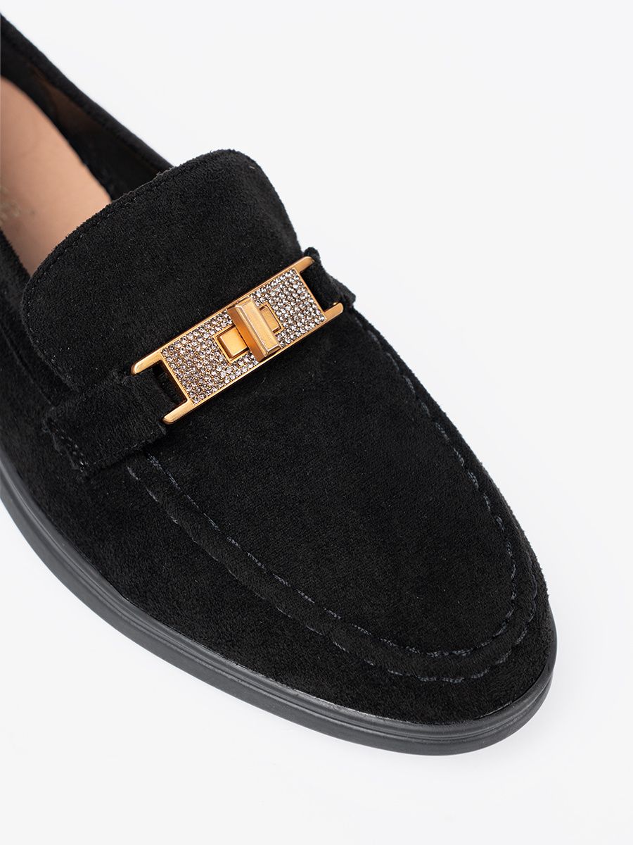 Mocasini negri din suede cu decor elegant auriu
