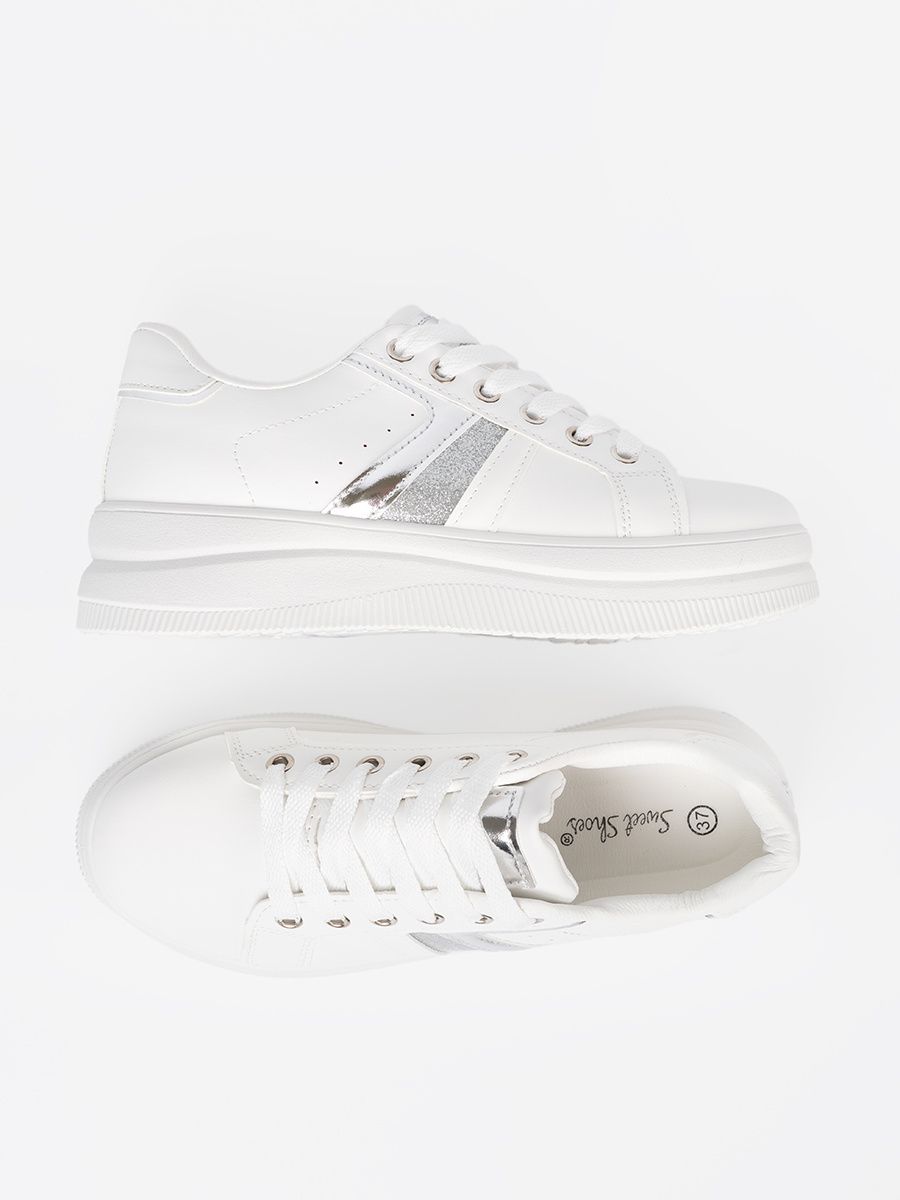 Sneakersi albi cu accent metalic argintiu