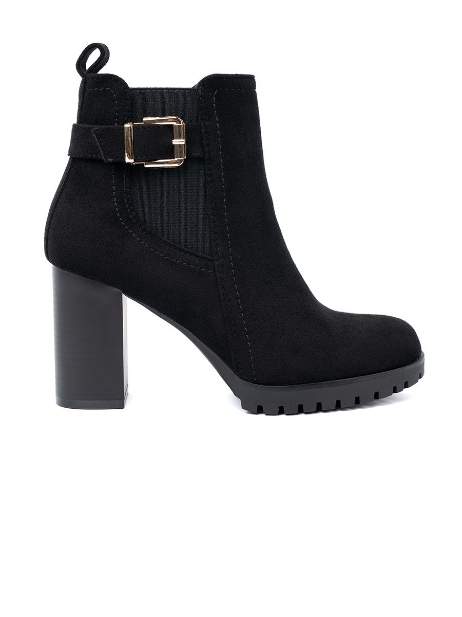 Botine negre cu toc bloc și cataramă decorativă