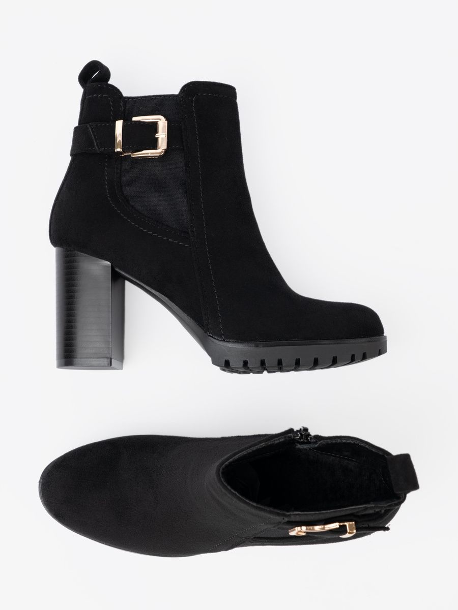 Botine negre cu toc bloc și cataramă decorativă