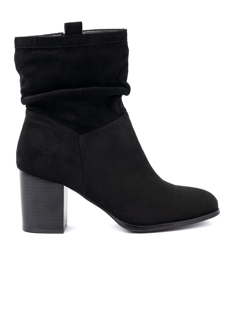 Botine negre din suede cu toc bloc și guler plisat